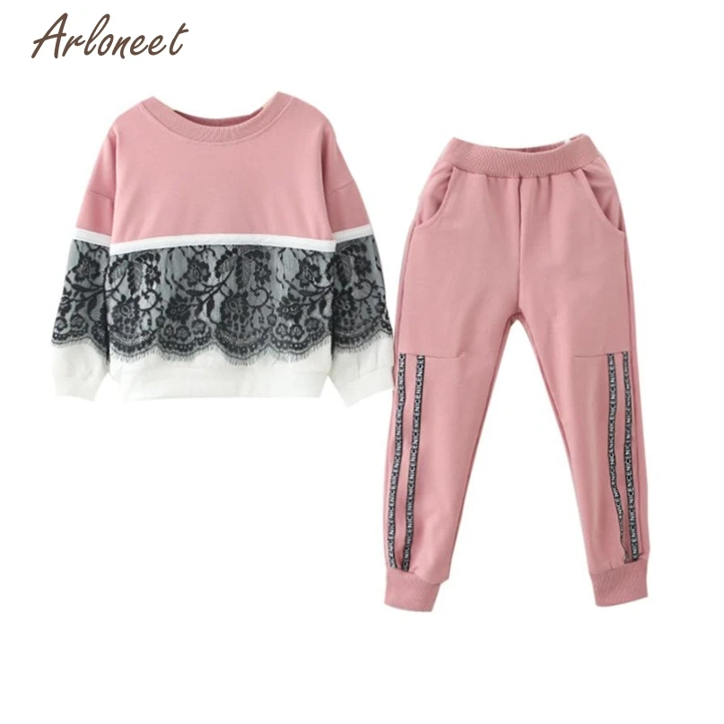 

2 Colors Lace Hot Kids Baby Girl Lace Pullover Sweatshirt Tops+Pants Outfits Clothes Set 2018 New drop shipped OB12
