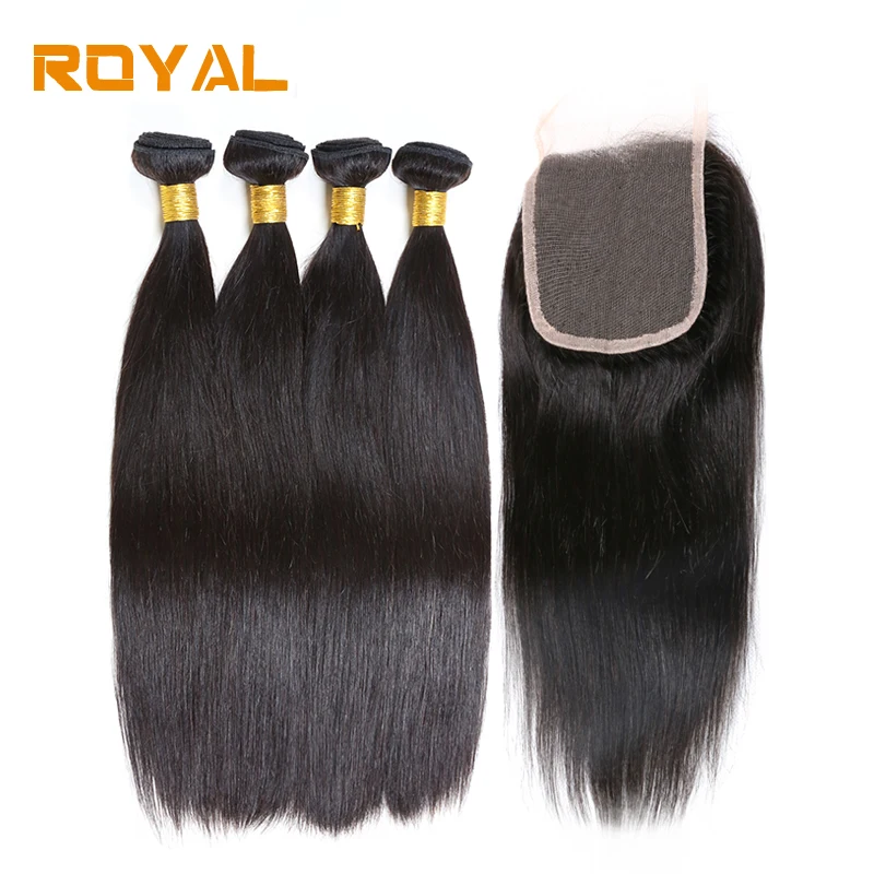 

Brazilian Hair Bundles with Lace Closure Straight Human Hair Wave 4 Bundles With Closure Royal Non Remy Hair Extensions 8A