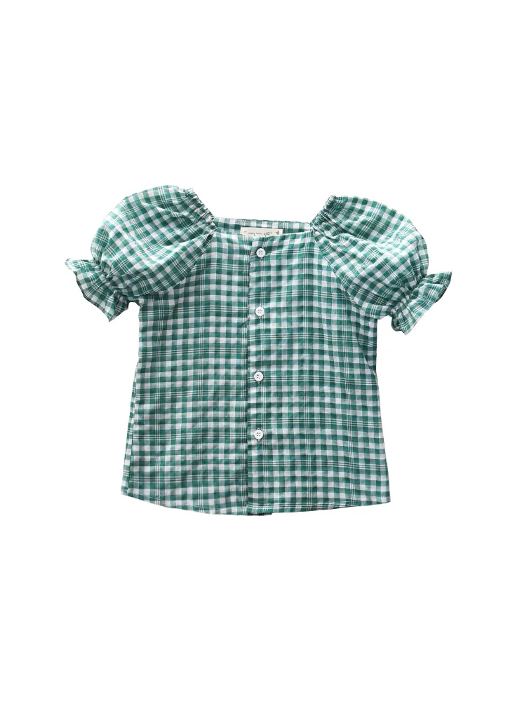 Модная клетчатая блузка из хлопка для девочек г. летняя детская одежда клетчатые рубашки с короткими рукавами для девочек и топы, детские блузки
