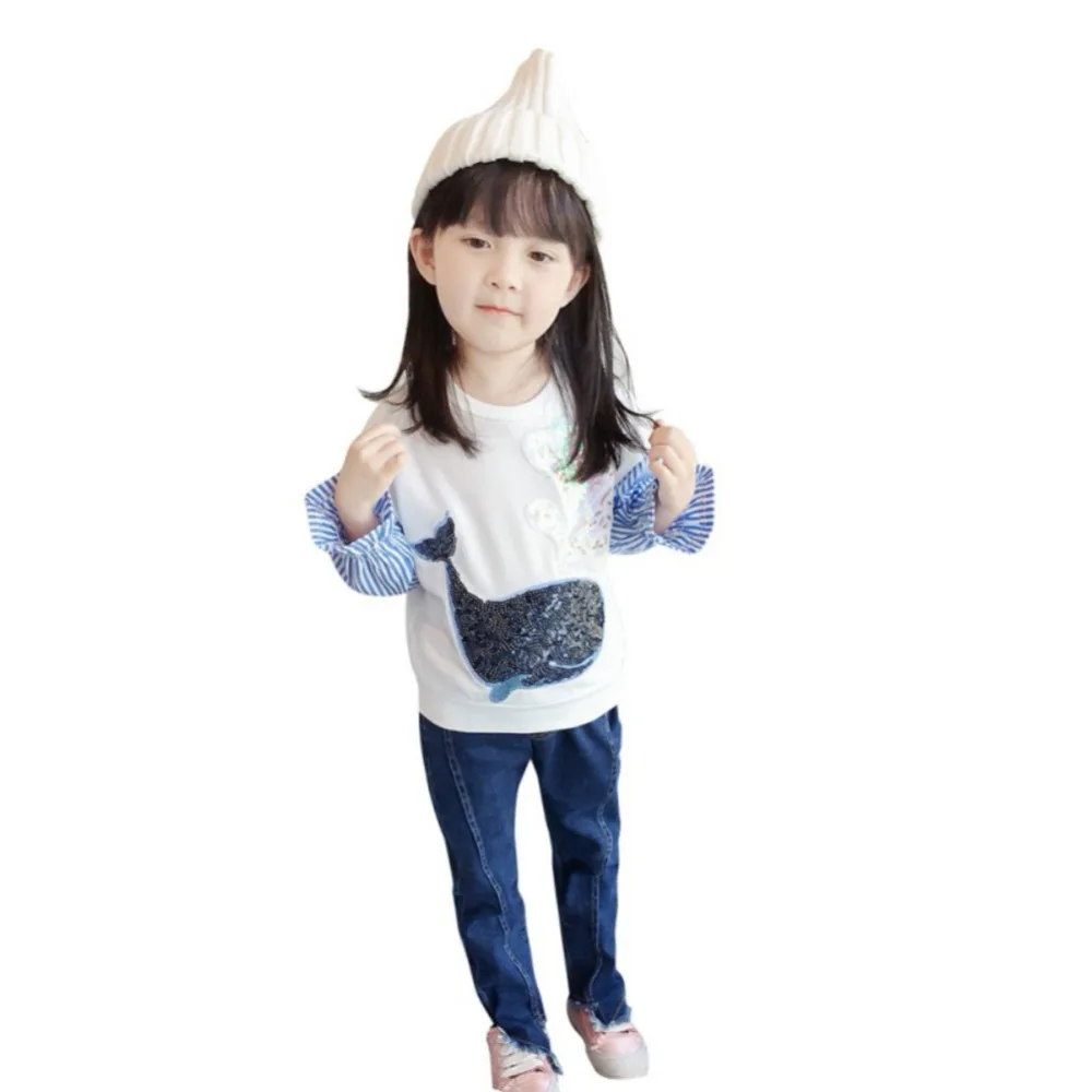 

Baby Girls Sweatshirts Spring /Autumn Long Sleeve Cartoon Sequins Striped Stitching Child Hoodies kids T-shirt clothes hot