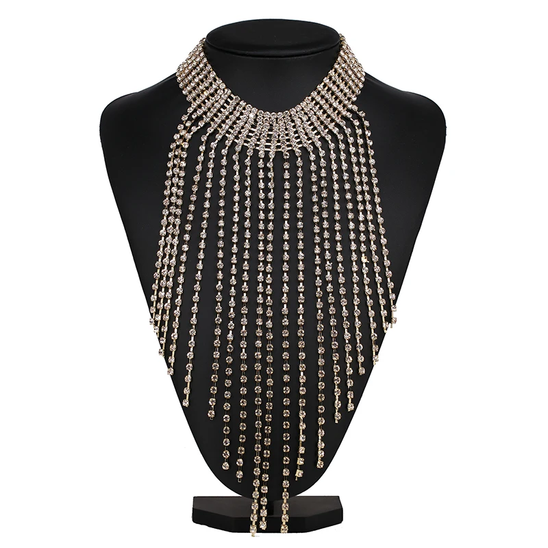 2017 Free Shipping fashion long crystal tassel necklace Europe costume chunky choker statement Necklaces jewelry women NHJJ1944