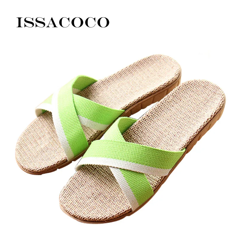 

ISSACOCO New Women's Summer Cross-tied Linen Slippers Mixed Colors Hemp Flax Slippers Home Slippers Beach Slippers Zapatillas