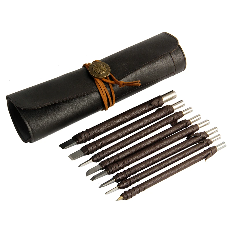 8Pcs Stone Carving Tool,Tungsten Steel Carving Chisels/Knives Kits with Extra Portable Compact Leather Roll Storage Bag 