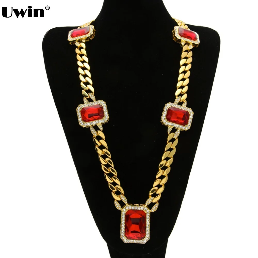 

Mens Gold Thick Miami Cuban Curb Link Red Square Stone Pendant Chain Necklace Bling Chain&Link 2016 New Arrival Necklace