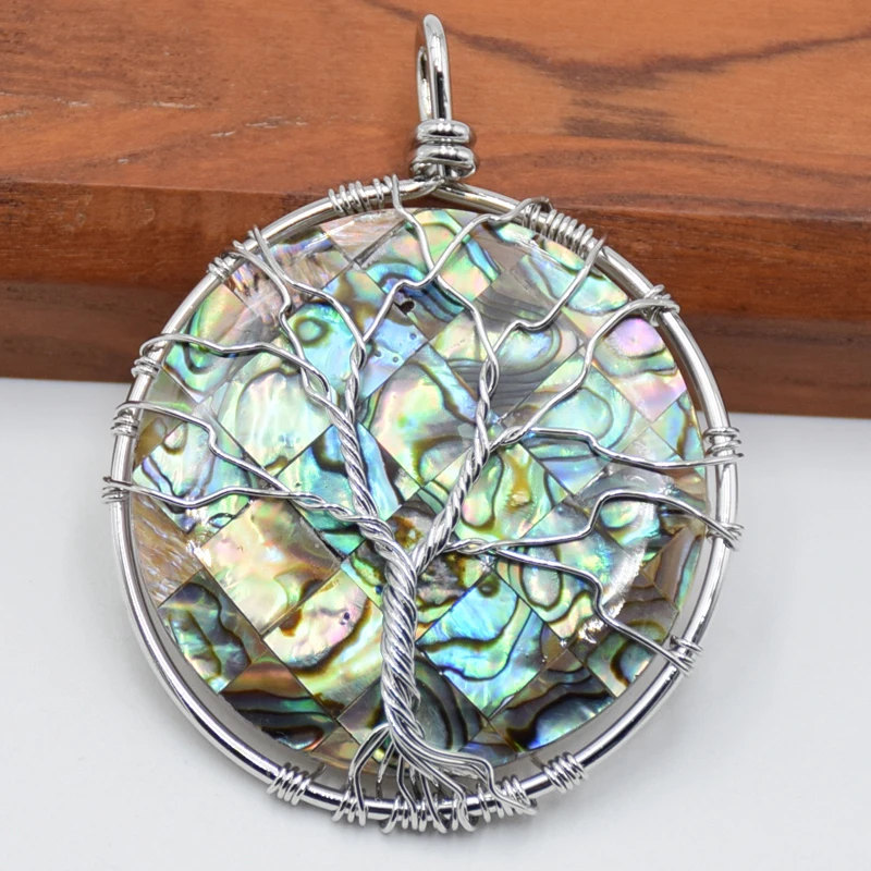 

Fashion Silver Plated Natural Lucky Handmade Tree of life Circle Round New Zealand Abalone Shell Wire Wrap Pendant Charm Jewelry