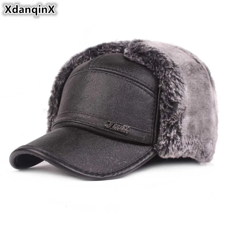 XdanqinX Мужская PU искусственная кожа Bomber hats зимняя теплая плюс бархатная Толстая бейсболка для мужчин среднего возраста лыжные наушники Hat