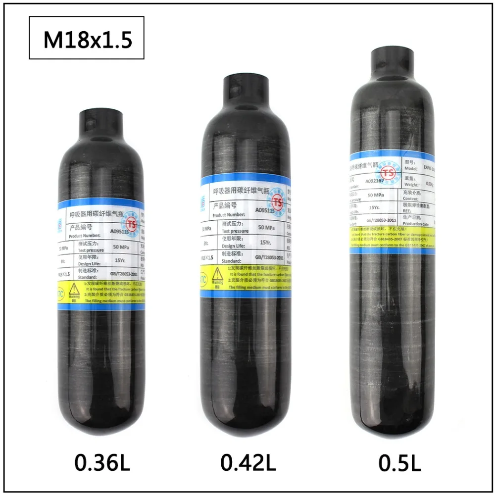 

PCP Paintball Scuba Tank 0.36L 0.42L 0.5L High Pressure Cylinder PURE Carbon Fiber Tank 30MPA 4500PSI M18x1.5 Thread Black