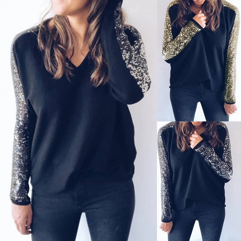 Woman Sequin Glitter T-shirt Fashion Women Long Sleeve V-Neck Casual Tee Tops Elegant Shirt Autumn Winter Pullover Lady T Shirts