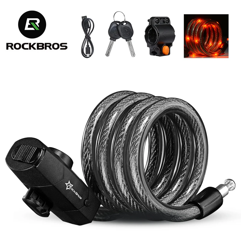 

ROCKBROS 1.2m Anti-Theft Bike Lock Steel Wire Safe Tail Light Lock Usb Rechargeable Rainproof MTB Bicycle Accessories 3 Colors