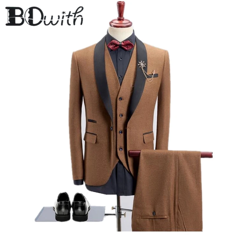 2019 новые коричневые Для мужчин Костюмы воротником One Button Slim Fit Комплект из 3 предметов куртка + жилет + брюки для свадьбы парадный смокинг