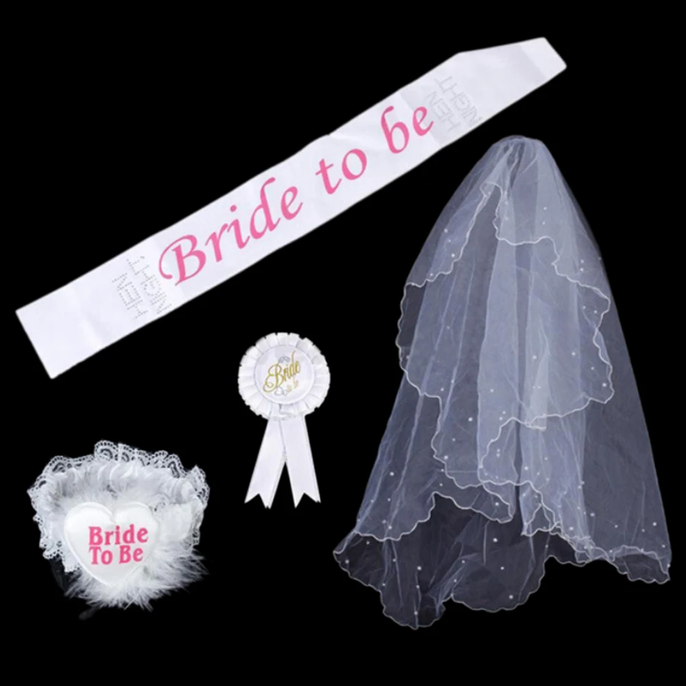 

4PCS Garter Veil Hen Night Party Bride To Be Bachelorette Party 1 Set Lace WHITE Rosette Mantilla Badge Sash