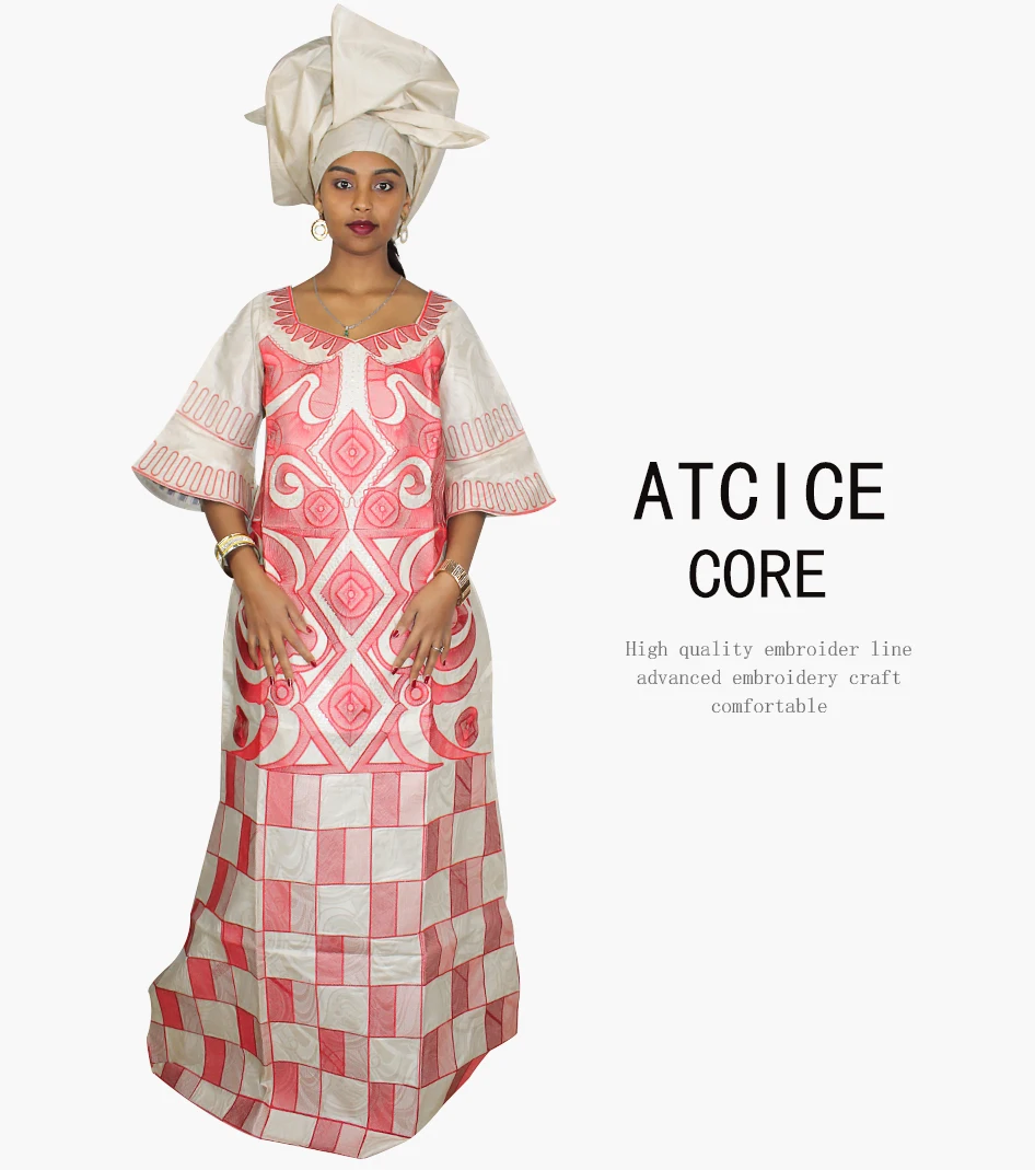 African Dresses For Woman Bazin Riche Computer Emboridery Plus Size Long Dress With Scarf A023 african robe