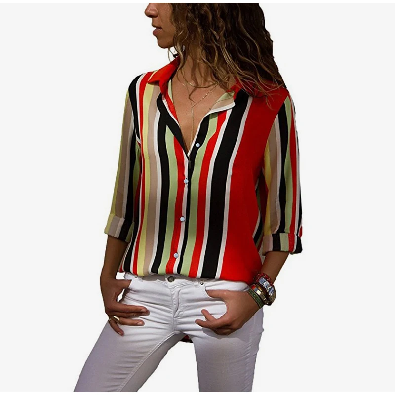 Plus Size Rainbow Striped Feminine Female Blouses Long Sleeve Turn Down Collar Button Women Shirts 2019 Fashion Loose Tops 5XL