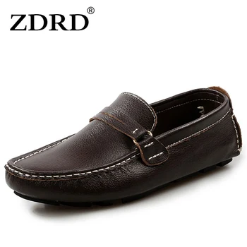 

ZDRD Men Flats Shoes Top Quality Genuine Leather Men Driving Shoes Black Breathable Slip-on Boat Shoes Soft Moccasins Peas Shoes