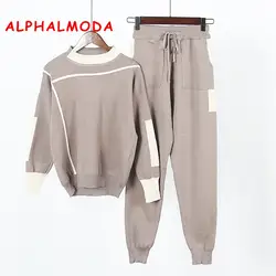 ALPHALMODA 2017 для женщин брюки для девочек и свитер 2 шт. Костюмы полосатый спортивный Трикотажные мотобрюки джемпер Топы корректирующие зим