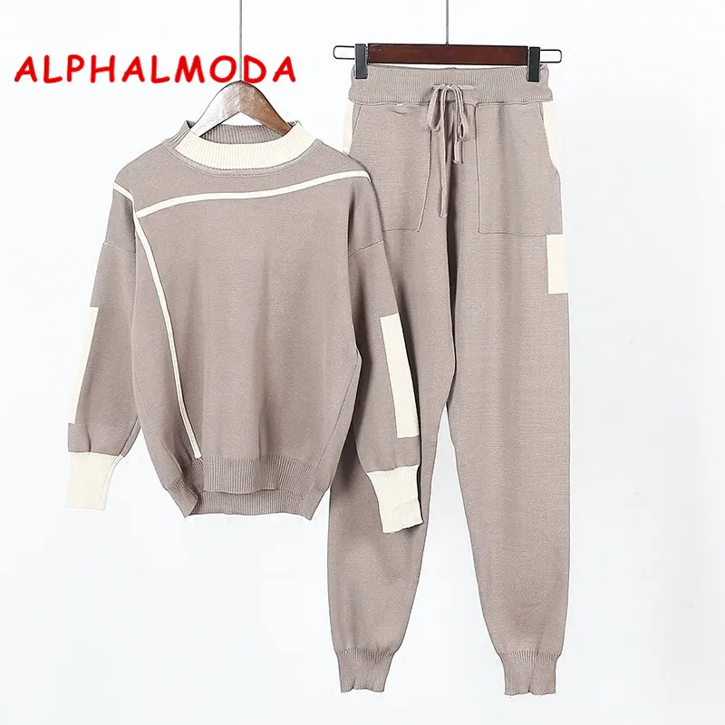 

ALPHALMODA 2017 Women Pants and Sweater 2pcs Suits Striped Sporty Knitted Trousers and Jumper Tops Winter 2pcs Casual Sets