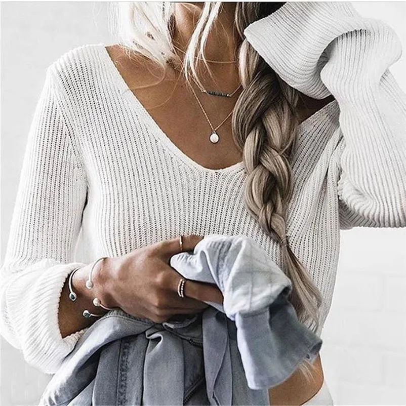 HOT sell sweaters fashion 2018 women White V-neck Long Sleeve Knitting Crop Top Knitwear Blouse Sweater Tops invierno A28#N (7)