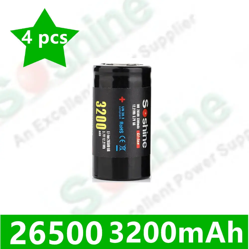 4 шт Soshine 26500 3200 mAh высокой емкости литиевые батареи li-ion(NCR