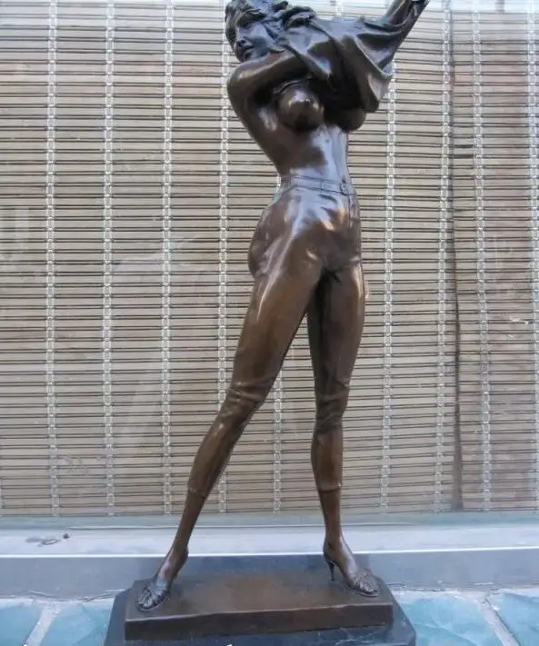 

21"Western Art nude tog woman Bronze & Base Marble sculpture