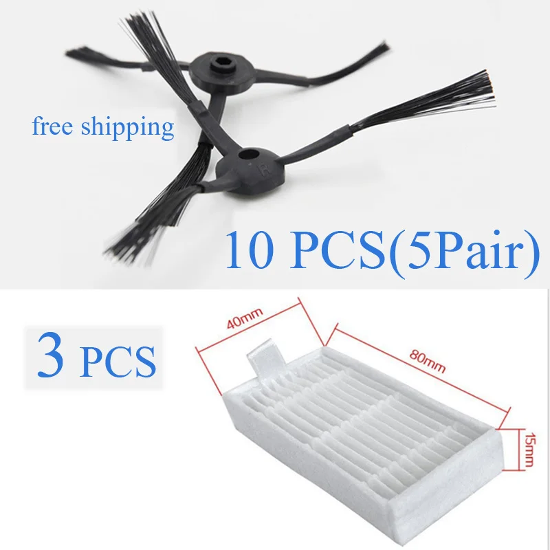 

10 pieces(5x Right Side Brush + 5x Left Side Brushes) and 3 pcs Hepa filter for Panda X500 ECOVACS X500 X600 CR120