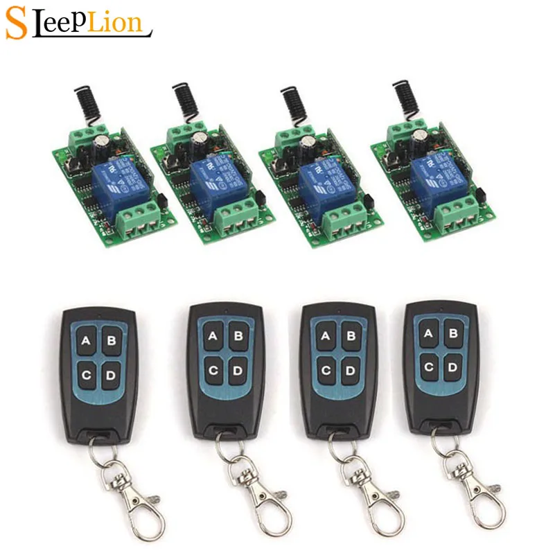 

Sleeplion Universal 12V 1CH RF Wireless Switch 4 4-key Waterproof Remote Transmitter +4 Receiver Relay 12V Module 315MHz/433MHz