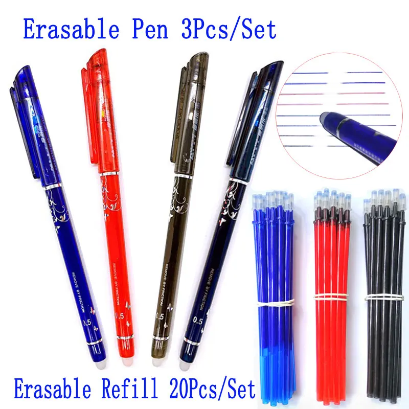 Delvpch 0,5 мм 3 шт./компл. стираемая гелевая ручка или 20 шт. заправки красные/синие/черные чернила письма стираемая ручка для школы канцелярские принадлежности