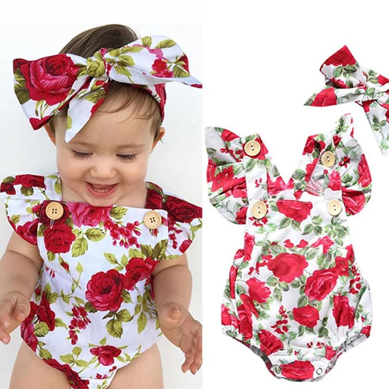 

VOGUEON 0-24M Baby Girl Clothes Set Ruffles Sleeve Backless Floral Baby Rompers with Headband Infant Girl Vintage Bodysuits