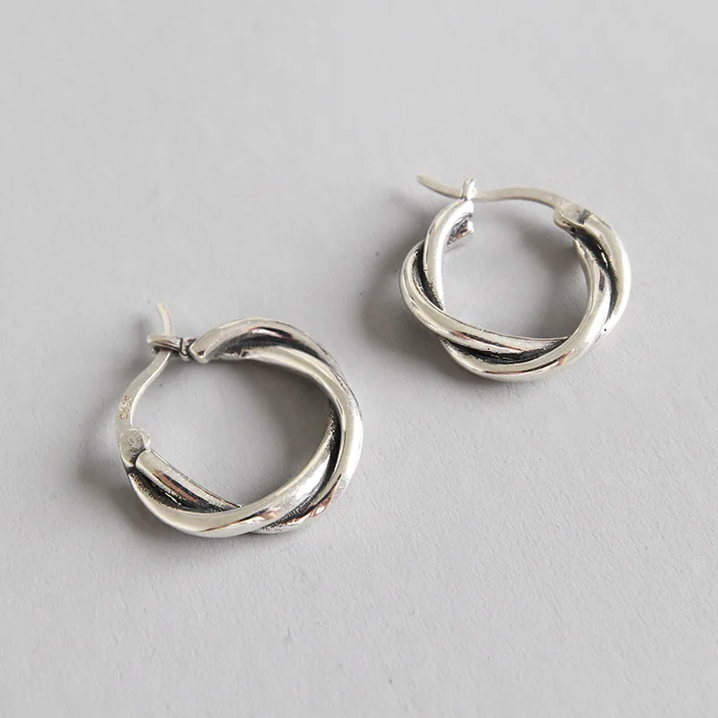 

3.7MM Retro Authentic 925 Sterling silver Heavy Open Twisted Roped Hoop Huggie Earrings Fine jEWELRY 13mm small E9