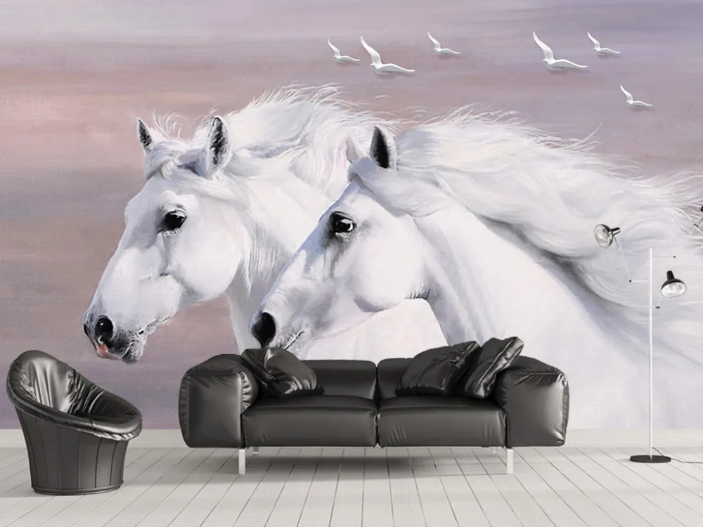 

Waterproof Self-adhesive Wall Stickers TV Backdrop Wall Mural Hotel Living Room Wallpaper Decal Two White Horses