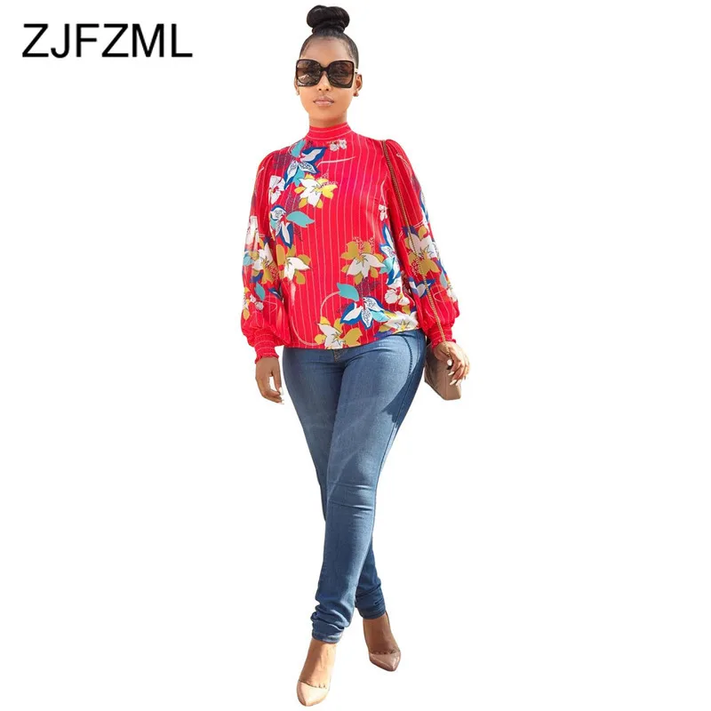 

Floral Striped Print Vintage Loose T Shirts Women Sexy Red Long Lantern Sleeve Mock Neck Top Spring Ladies Night Club Party Tee