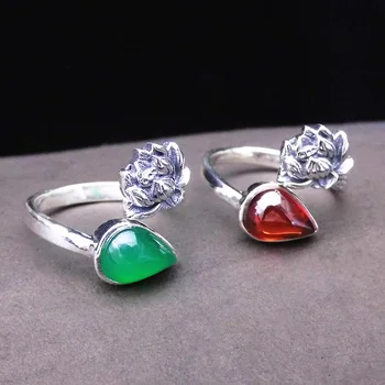 

FNJ Punk Lotus Flower Ring 925 Silver Jewelry New Red Green Stone S925 Sterling Silver Rings for Women Adjustable Size bague