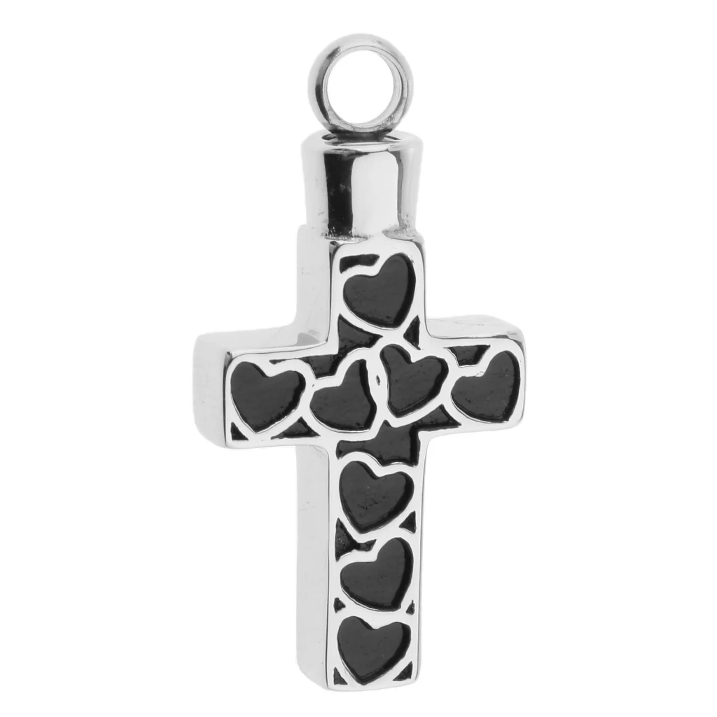 Cross Shape with Heart Pattern Stainless Steel Cremation Keepsake Pet Ash Urn Holder Pendant