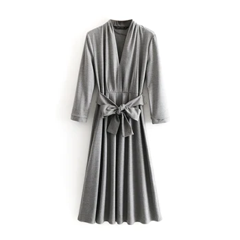 

2018 Autumn Elegant Warm V neck A-line Dress Wool Blend Slim High Rise Adjustable Belt Dress no Stretch