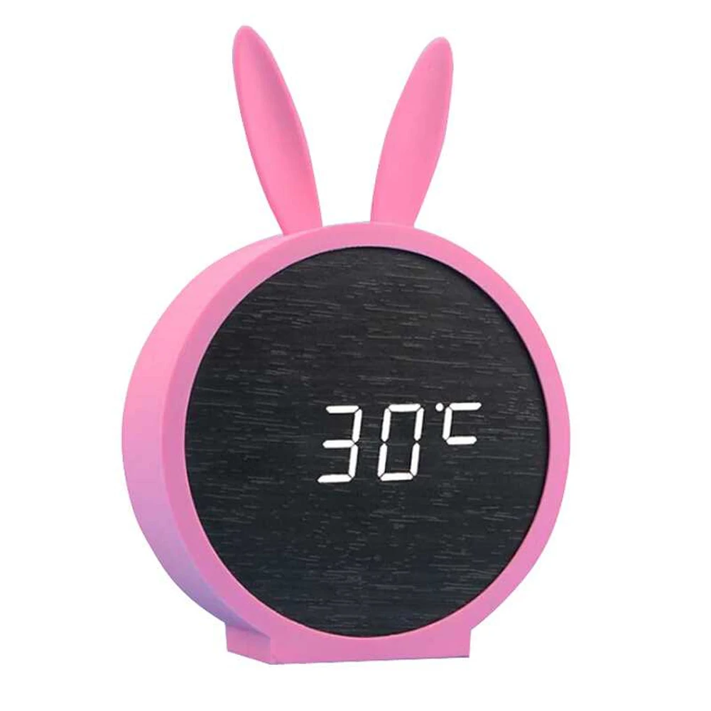 

Digital Kids Rabbit Ears Time Bedroom Alarm Clock LED Display Office Temperature Cute Portable Voice Control USB Charging