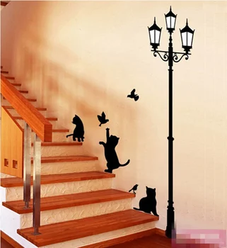 

DIY ancient lamp cats and birds removable wall stickers bedroom/sitting room background decoration, Wall Murals