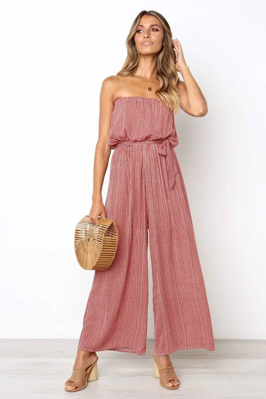 Wide Leg Overalls Fashion Women Striped Print Sleeveless Tie Up Back Long Pant Jumpsuit Wide Leg Overalls Fashion Women Striped Print Sleeveless Tie Up Back Long Pant Jumpsuit