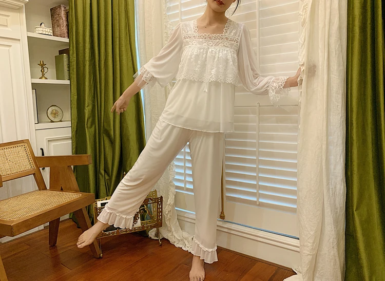 Весна-лето, милые белые кружевные газовые женские пижамные комплекты, мягкие элегантные винтажные кружевные комплекты для сна принцессы 2237