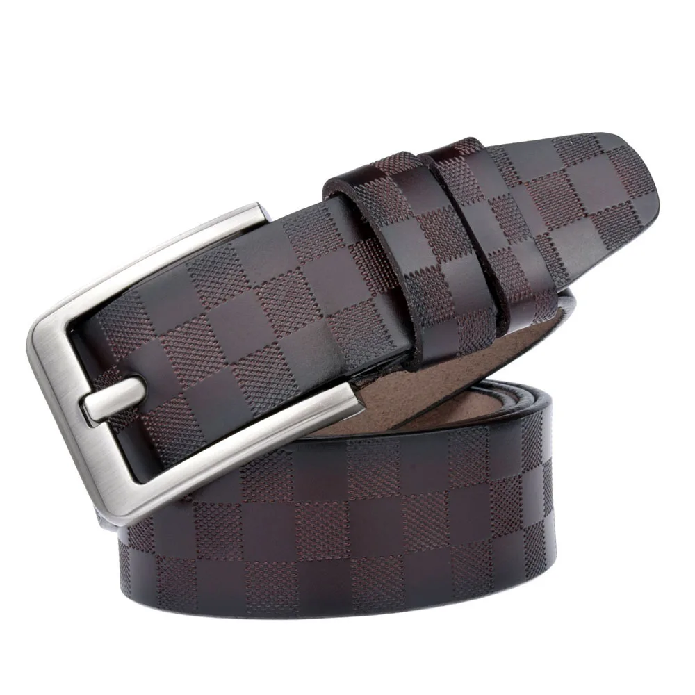 

Vintage Plaid Men's Genuine Leather Belt Basic Bussiness Trade Mens Belts Luxury Brand Metal Pin Buckle Waist Fashion Male Belt