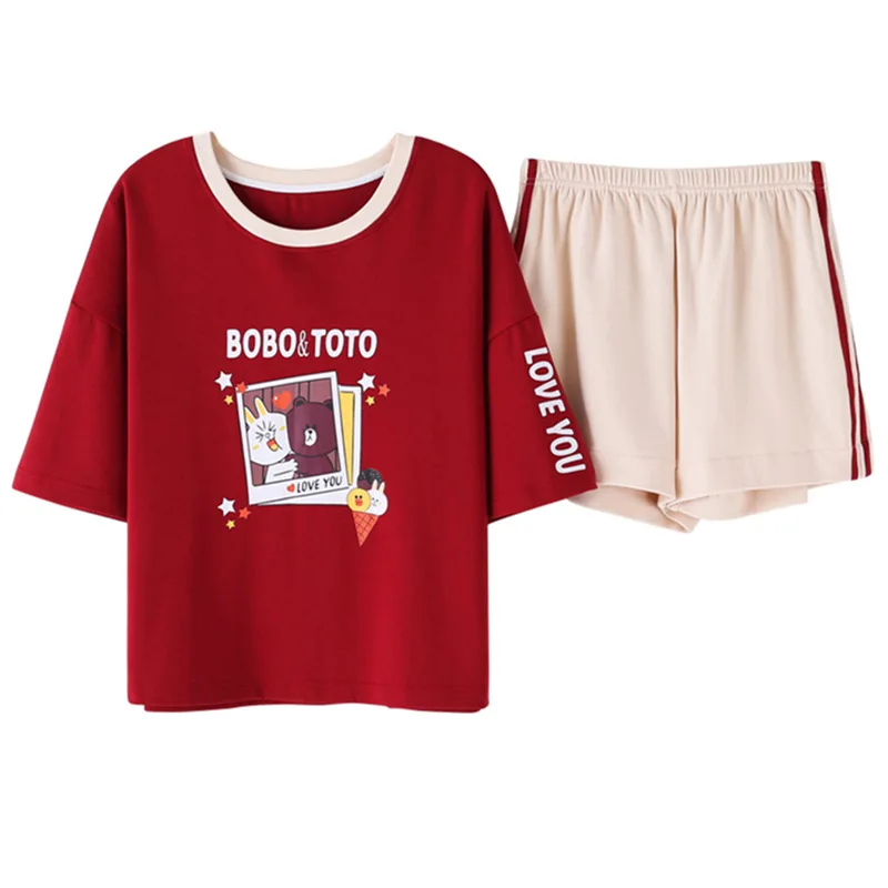 

Cute Print Women Cotton Pajama Set Korean Loose Summer 2019 Short Sleeve Casual Elastic Waist Sleepwear Lounge pyjamas S93205