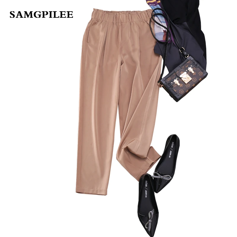 

2019 Sale New Ankle-length Pants Casual Loose Broadcloth Elastic Waist Solid Mid Straight Women Pant S-3xl