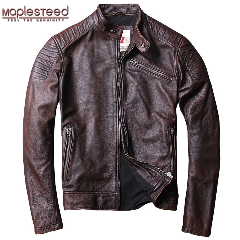 

MAPLESTEED Distressed Vintage Leather Jacket Men Cowhide Jackets Red Brown Calfskin Motor Biker Coat Man Leather Coat Slim M104