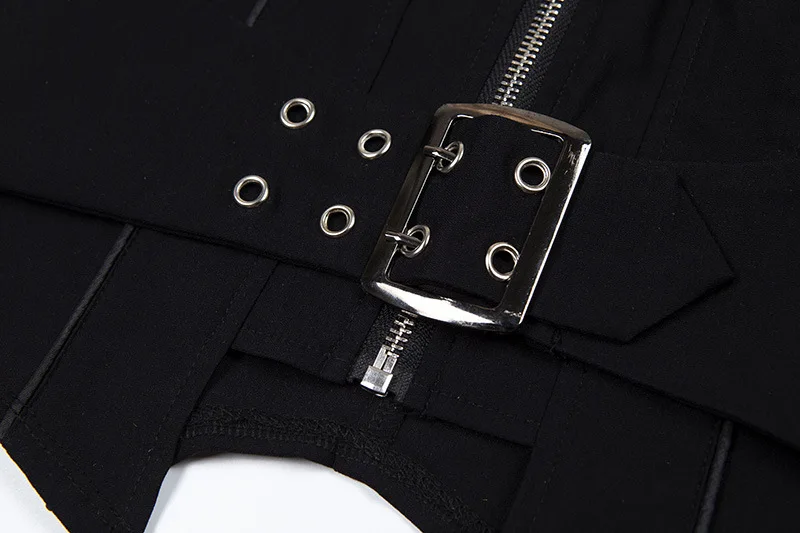 Модные панк черный короткий топ с металлической пряжкой тонкие женские сексуальные футболки Готический Темный Стенд шеи топы уличная