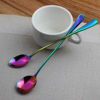 

Stainless Steel Rainbow Coffee Spoons Mixing Spoons Set Cold Drink Fruit Long Ice Spoon Sharp And Round Head 19.5cm 2pcs/set