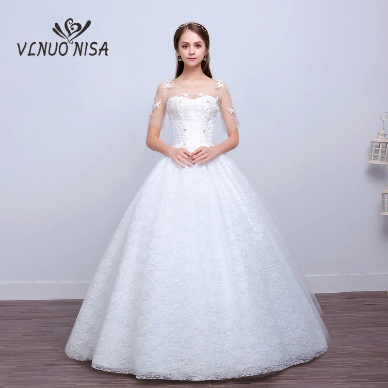 Свадебное платье с коротким рукавом круглым вырезом и кружевом|Свадебные платья|