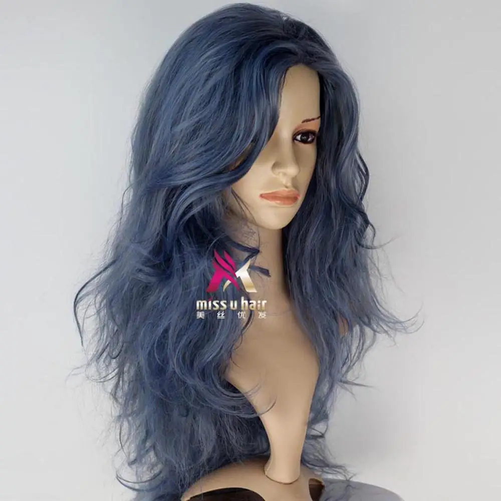 Miss U волосы длинные волнистые синий вьющиеся Tousle пушистый фильм косплей полный костюм парик термостойкие волокна