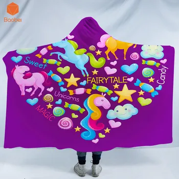 

3D Printed Purple Cute Hearted Unicorn Hooded Blanket for Adults Kids Gothic Sherpa Fleece Wearable Throw Art Blanket Bedding