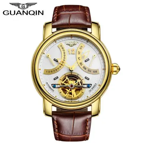 Роскошные брендовые автоматические механические часы GUANQIN, мужские водонепроницаемые светящиеся часы с календарем, кожаные золотые наручные часы - Цвет: gold white B
