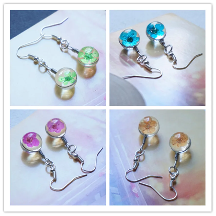 Handmade dried flower earring woman round glass ball Earrings Stainless