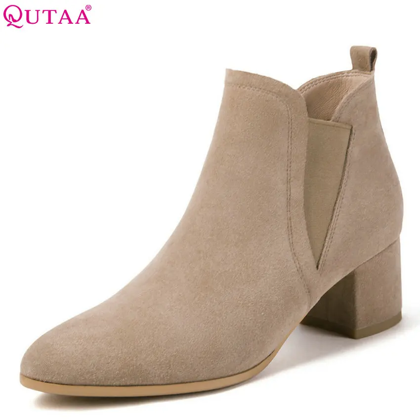 

QUTAA 2019 Women Ankle Boots All Match Cow Suede Platform Elastic Band Square High Heel Solid Pointed Toe Women Boots Size 34-39