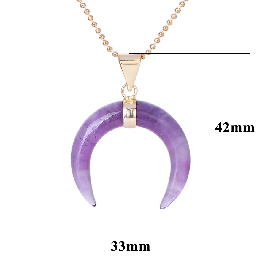 CSJA Natural Stones Crescent Moon Necklaces Pendants Purple Crystal Pink Quartz White Stone Gold Color Reiki Women Jewelry F306